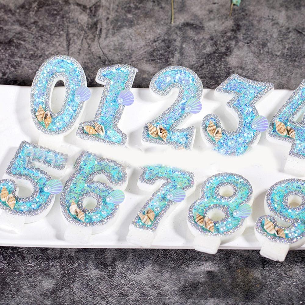 Blue Shell Glitter Number Birthday Candles Numeral Birthday Candles Cake Numeral Candles Number 0-9 Glitter Cake Topper Decoration for Birthday Wedding Anniversary Party Cake Toppers Birthday Wedding Digital Cakes Dessert Decor Birthday Decoration