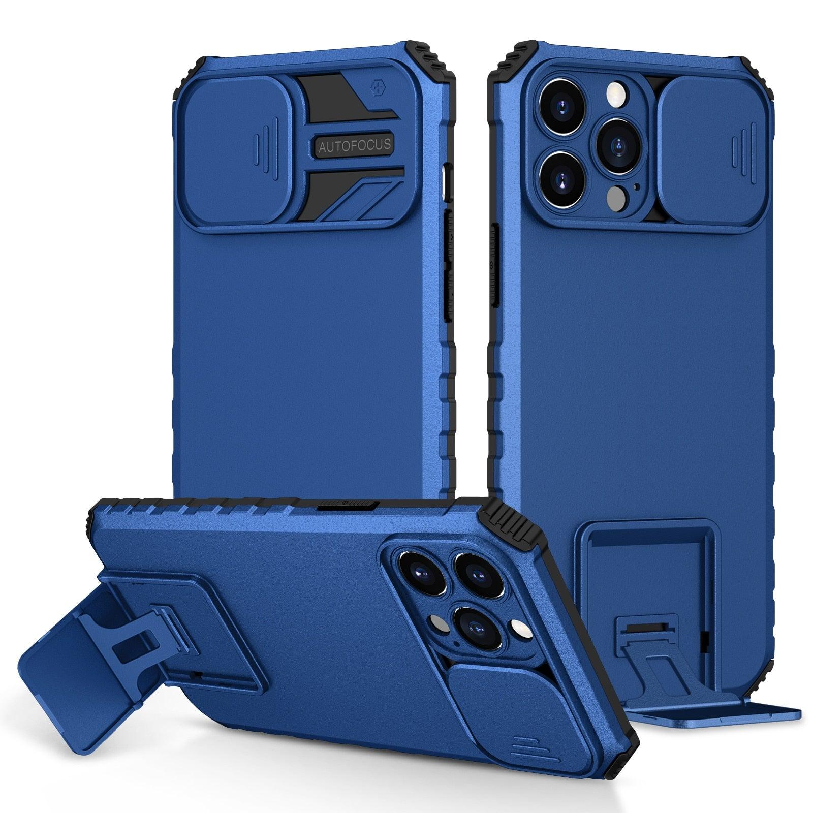 Blue Shockproof Adjustable Stand Case For iPhone 14 13 12 11 Pro Max Built Slide Camera Protection Case With Kickstand Shockproof Protection Modern Design for iPhone