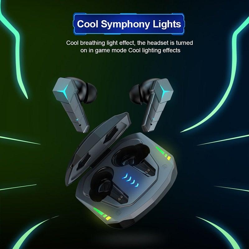 Bluetooth 5.0 RGB Yellow Gaming Earphones Low Latency Wireless Stereo Headphones Bass Earbuds With Mic Headphones Wearable Music Player HiFi Quality Sound Sport Earphones With Charging Case For Outdoor Running Gym Workout 65ms