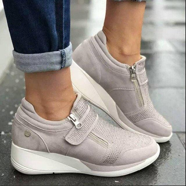 Breathable Woman Sneakers Zipper Platform Trainers Women Casual Lace-Up Fashion Rhinestone Upper Double-Sided Zippers Platform Trainers Outdoor Fitness Espadrilles Walking Shoes