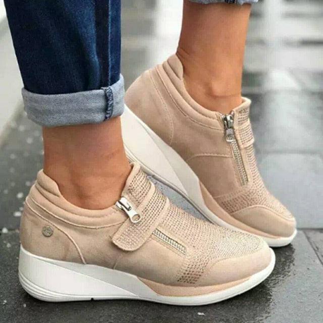 Breathable Woman Sneakers Zipper Platform Trainers Women Casual Lace-Up Fashion Rhinestone Upper Double-Sided Zippers Platform Trainers Outdoor Fitness Espadrilles Walking Shoes