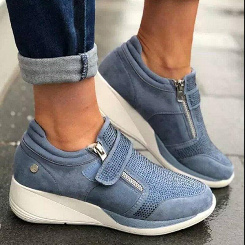 Breathable Woman Sneakers Zipper Platform Trainers Women Casual Lace-Up Fashion Rhinestone Upper Double-Sided Zippers Platform Trainers Outdoor Fitness Espadrilles Walking Shoes