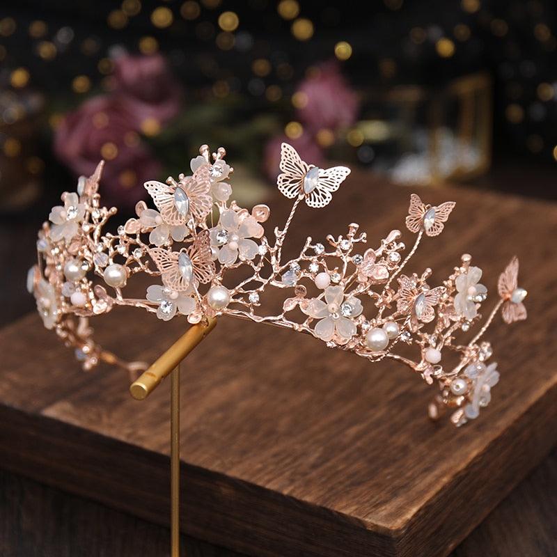 Bridal Crown Pearl Rhinestone Crown And Tiara Butterfly Hairband Wedding Hair Accessories Princess Crown Bride Tiaras Rhinestone Tiaras and Crowns Crystal Queen Crowns Flower Wedding Bride Tiara Headpiece for Women