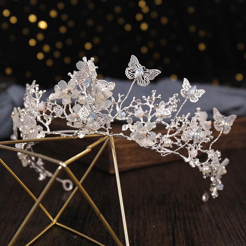 Bridal Crown Pearl Rhinestone Crown And Tiara Butterfly Hairband Wedding Hair Accessories Princess Crown Bride Tiaras Rhinestone Tiaras and Crowns Crystal Queen Crowns Flower Wedding Bride Tiara Headpiece for Women