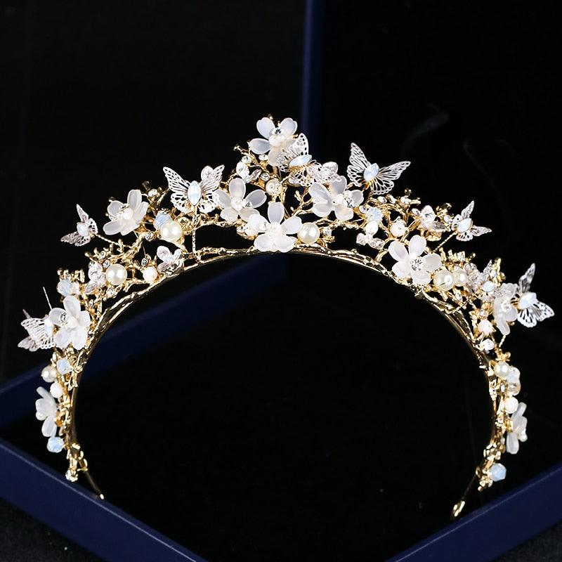 Bridal Crown Pearl Rhinestone Crown And Tiara Butterfly Hairband Wedding Hair Accessories Princess Crown Bride Tiaras Rhinestone Tiaras and Crowns Crystal Queen Crowns Flower Wedding Bride Tiara Headpiece for Women