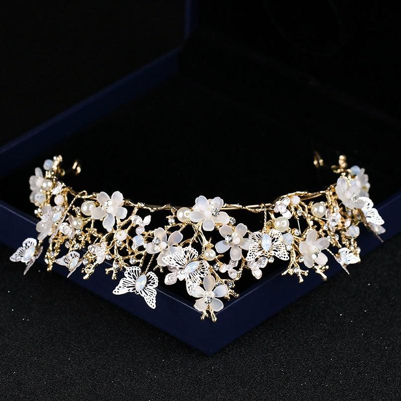 Bridal Crown Pearl Rhinestone Crown And Tiara Butterfly Hairband Wedding Hair Accessories Princess Crown Bride Tiaras Rhinestone Tiaras and Crowns Crystal Queen Crowns Flower Wedding Bride Tiara Headpiece for Women