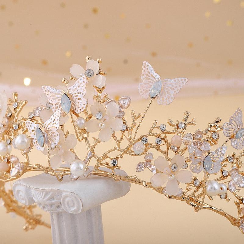 Bridal Crown Pearl Rhinestone Crown Tiara Butterfly Hairband Wedding Hair Accessories Princess Crown Bride Tiaras  Bridal Headpiece Gold Retro Crown Crystal Wedding Headpiece