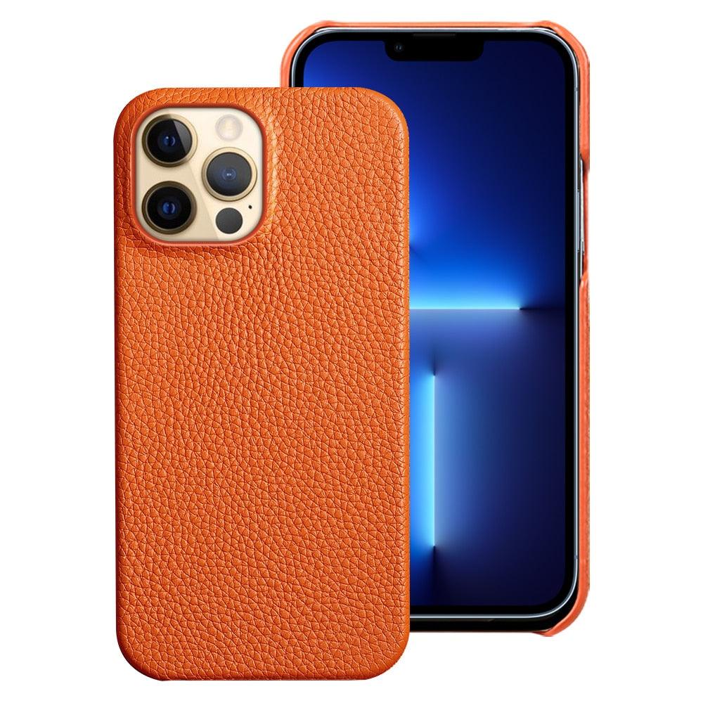 Bright Orange Mobile Phone Case With Coated Leather Case Protective Slim Phone Case Cowhide Genuine Leather Phone Case for iPhone 14 13 Pro Max Luxury Back Cover