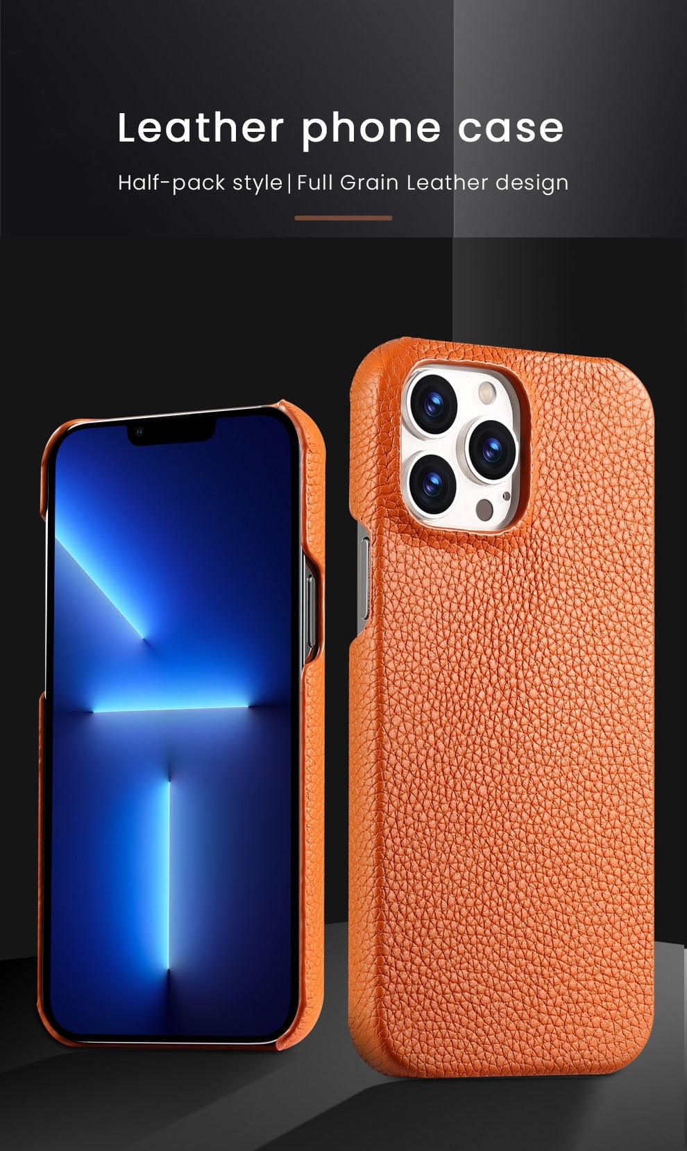 Bright Orange Mobile Phone Case With Coated Leather Case Protective Slim Phone Case Cowhide Genuine Leather Phone Case for iPhone 14 13 Pro Max Luxury Back Cover