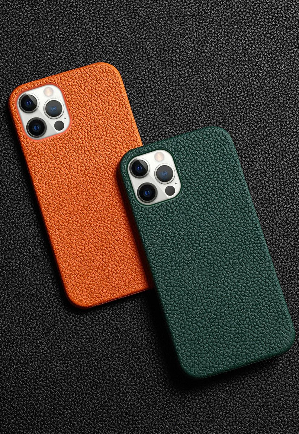 Bright Orange Mobile Phone Case With Coated Leather Case Protective Slim Phone Case Cowhide Genuine Leather Phone Case for iPhone 14 13 Pro Max Luxury Back Cover