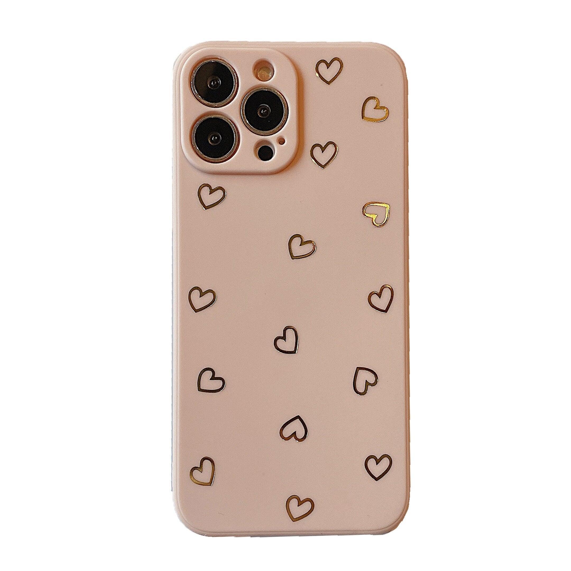 Bronzing Little Heart Phone Case For iPhone 14 Pro Max 13 12 11 X XR XS Max 7 8 Plus Silicone Camera Back Case Anti-Fall Lens Cameras Cover Protection Slim Dustproof Protective Cover Aesthetic Design for Women