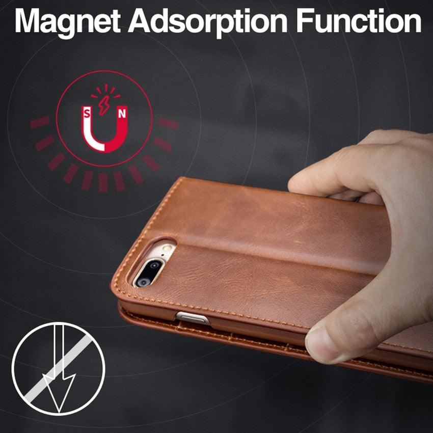 Brown Genuine Leather Flip Case For iPhone Luxury Wallet Card Cover For iPhone 14 13 Leather iPhone Case Kickstand Card Holder Flip Leather Wallet Phone Case