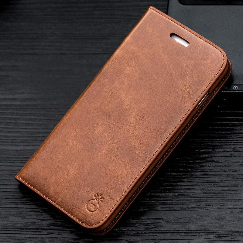 Brown Genuine Leather Flip Case For iPhone Luxury Wallet Card Cover For iPhone 14 13 Leather iPhone Case Kickstand Card Holder Flip Leather Wallet Phone Case