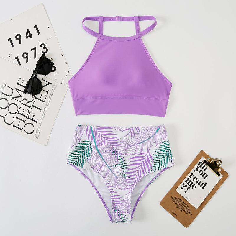 Brown Leaf Print High Waist Bikini Set 2 Piece Summer Padded Push Up High Waist Bikini Swimsuit Swimwear Swimsuit Women High Neck Two Pieces Swimwear Female Sports Bathing Suit