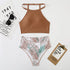 Brown Leaf Print High Waist Bikini Set 2 Piece Summer Padded Push Up High Waist Bikini Swimsuit Swimwear Swimsuit Women High Neck Two Pieces Swimwear Female Sports Bathing Suit