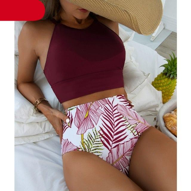 Brown Leaf Print High Waist Bikini Set 2 Piece Summer Padded Push Up High Waist Bikini Swimsuit Swimwear Swimsuit Women High Neck Two Pieces Swimwear Female Sports Bathing Suit