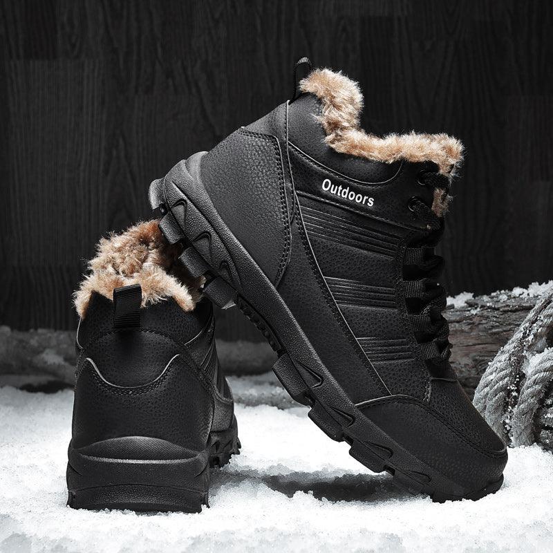 Brown Soft Winter Warm Leather Mens Boots Fur Snow Boots Outdoor Winter Casual Shoes Rubber Ankle Boots Non Slip Fur Lined Boots Leather Comfortable Mens Mountain Shoes