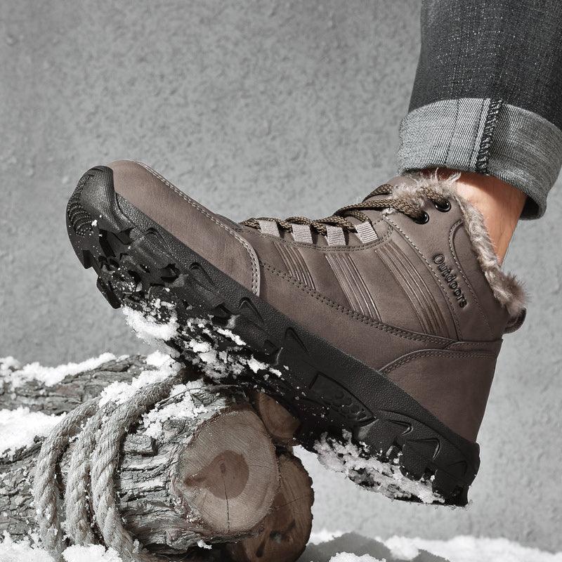 Brown Soft Winter Warm Leather Mens Boots Fur Snow Boots Outdoor Winter Casual Shoes Rubber Ankle Boots Non Slip Fur Lined Boots Leather Comfortable Mens Mountain Shoes