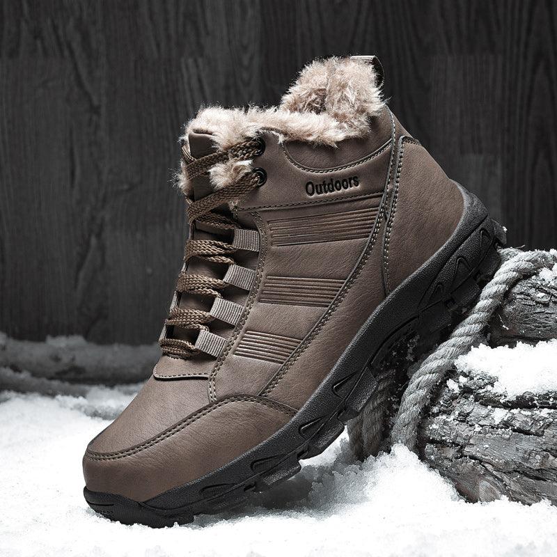 Brown Soft Winter Warm Leather Mens Boots Fur Snow Boots Outdoor Winter Casual Shoes Rubber Ankle Boots Non Slip Fur Lined Boots Leather Comfortable Mens Mountain Shoes