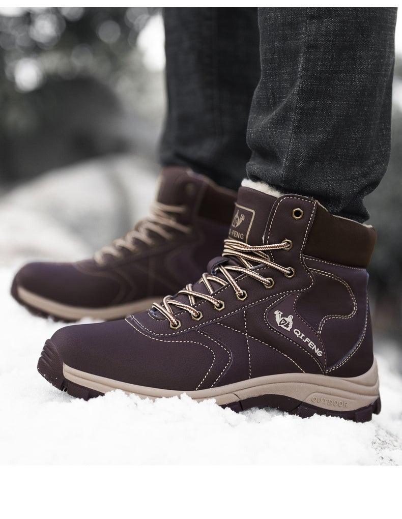 Brown Winter Mens Snow Boots Warm Plush Boots Waterproof Leather Ankle Boots Fashion Outdoor Non-slip Men's Hiking Boots Winter Ankle Snow Hiking Boots Warm Water Resistant Sport Shoes