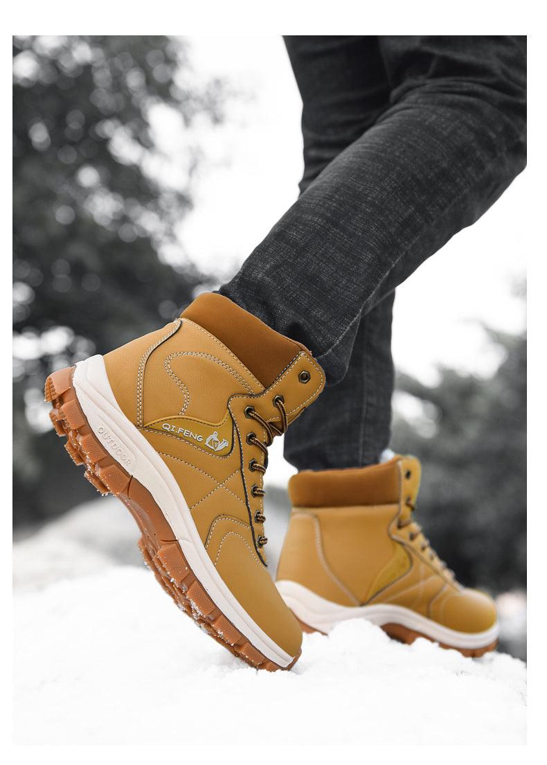 Brown Winter Mens Snow Boots Warm Plush Boots Waterproof Leather Ankle Boots Fashion Outdoor Non-slip Men's Hiking Boots Winter Ankle Snow Hiking Boots Warm Water Resistant Sport Shoes