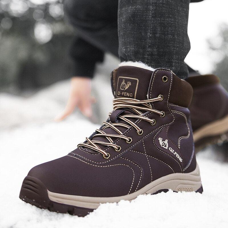 Brown Winter Mens Snow Boots Warm Plush Boots Waterproof Leather Ankle Boots Fashion Outdoor Non-slip Men's Hiking Boots Winter Ankle Snow Hiking Boots Warm Water Resistant Sport Shoes