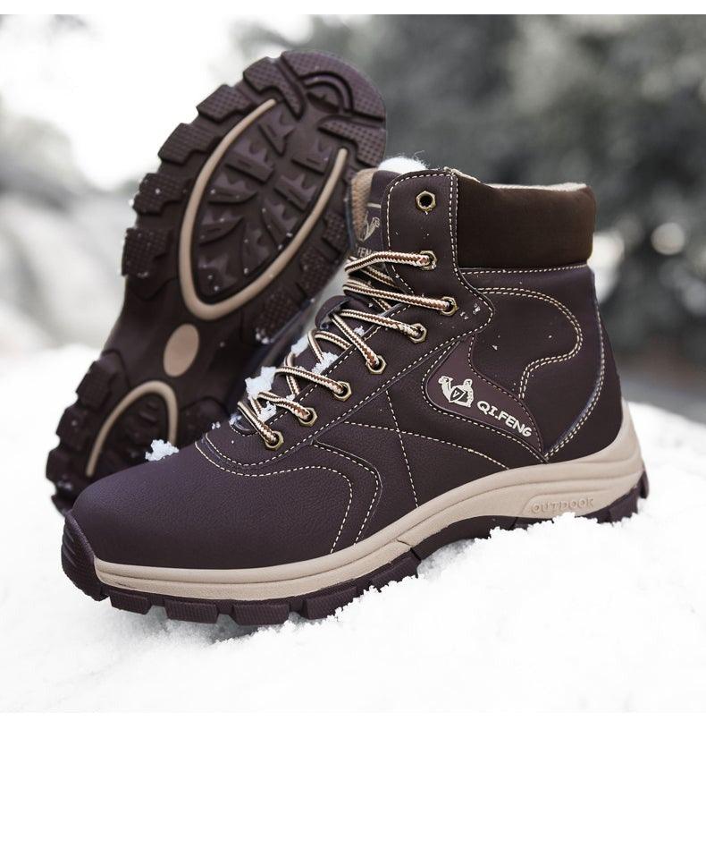 Brown Winter Mens Snow Boots Warm Plush Boots Waterproof Leather Ankle Boots Fashion Outdoor Non-slip Men's Hiking Boots Winter Ankle Snow Hiking Boots Warm Water Resistant Sport Shoes