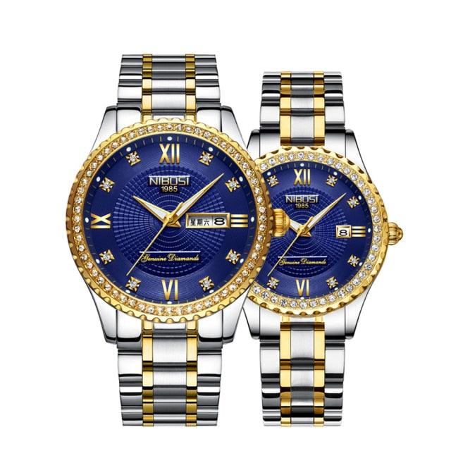 Business Black Couple Watches Top Luxury Mens Watches Auto Date Quartz Wristwatch Gold Watch Men Diamond Stainless Steel Waterproof Luminous Business Casual Luxury Watch For Men