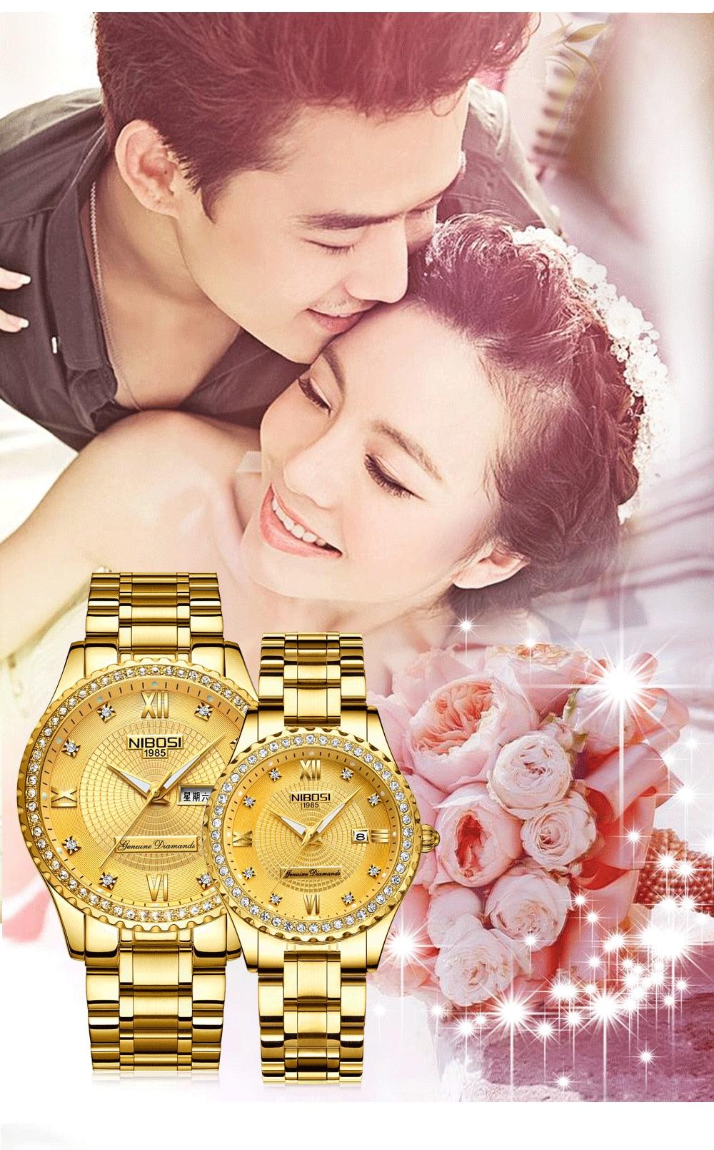 Business Black Couple Watches Top Luxury Mens Watches Auto Date Quartz Wristwatch Gold Watch Men Diamond Stainless Steel Waterproof Luminous Business Casual Luxury Watch For Men