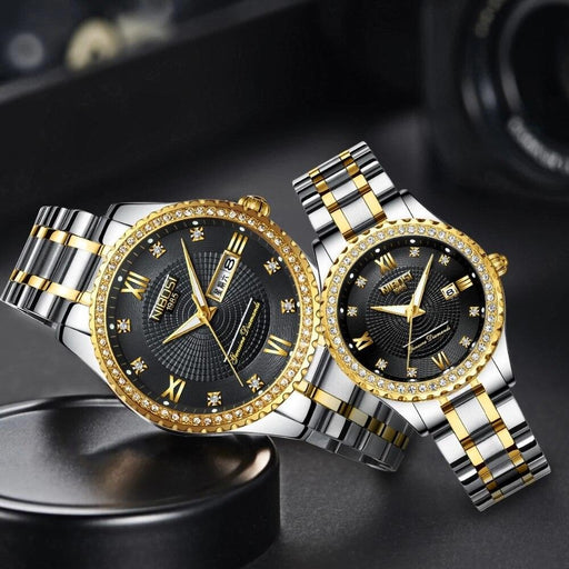 Business Black Couple Watches Top Luxury Mens Watches Auto Date Quartz Wristwatch Gold Watch Men Diamond Stainless Steel Waterproof Luminous Business Casual Luxury Watch For Men