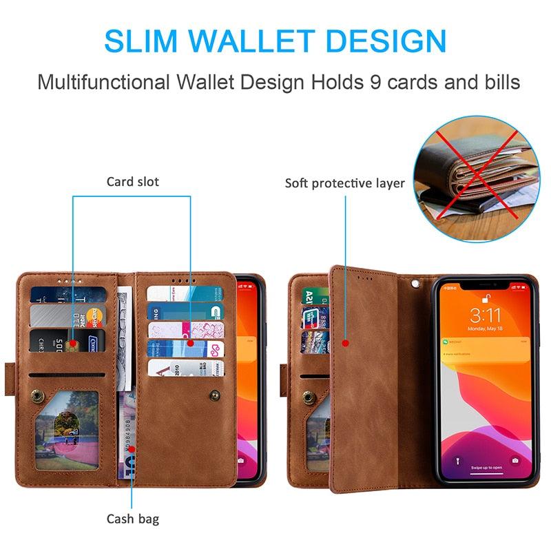 Business Blue New Cards Flip Leather Case For iPhone 14 13 12 11 Pro Max 10 X 6 6s 7 8 Plus XR XS Max Multifunctional Wallet Phone Case  Multi-Card Wallet Leather iphone Case