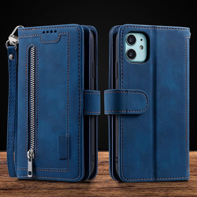 Business Blue New Cards Flip Leather Case For iPhone 14 13 12 11 Pro Max 10 X 6 6s 7 8 Plus XR XS Max Multifunctional Wallet Phone Case  Multi-Card Wallet Leather iphone Case