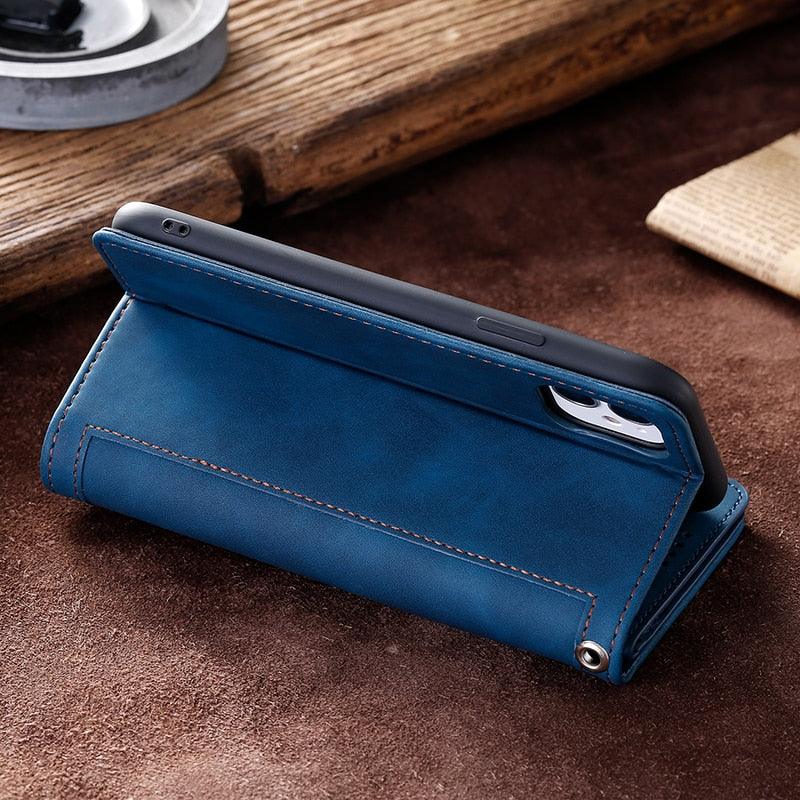 Business Blue New Cards Flip Leather Case For iPhone 14 13 12 11 Pro Max 10 X 6 6s 7 8 Plus XR XS Max Multifunctional Wallet Phone Case  Multi-Card Wallet Leather iphone Case