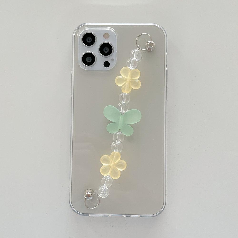 Butterfly Chain Flower Bracelet Chain Phone Case For iPhone 13 12 11 Pro XS Max X XR 7 8 Plus Cute Transparent Back Cover Phone Case For iphone 14Pro 12Mini 13 Pro 6 7 8 plus X XR XS Max SE Soft Fashion Bracelet Clear Protective Cover