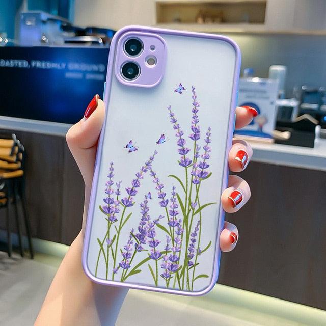 Butterfly Lavender Flower Phone Case For iPhone 13 mini 14 pro max Hard Shockproof Cover Floral Design Built-in Lens Protection Beautiful Design Transparent Back Case Cover for iPhone