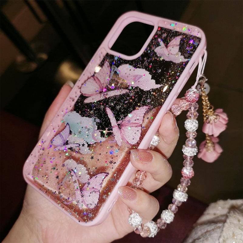 Butterfly Phone Case for iPhone 14 Pro Max 13 12 11 XS XR X 7 8 plus Glitter Clear Covers Bracelet With Lady Pendant Non Moving Dry Fixed Glitter Luxury Shiny Butterfly Wrist Bracelet Chain Soft Silicone Case For Smartphone