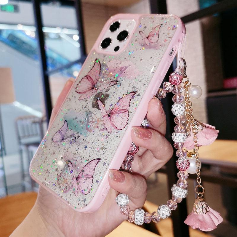 Butterfly Phone Case for iPhone 14 Pro Max 13 12 11 XS XR X 7 8 plus Glitter Clear Covers Bracelet With Lady Pendant Non Moving Dry Fixed Glitter Luxury Shiny Butterfly Wrist Bracelet Chain Soft Silicone Case For Smartphone