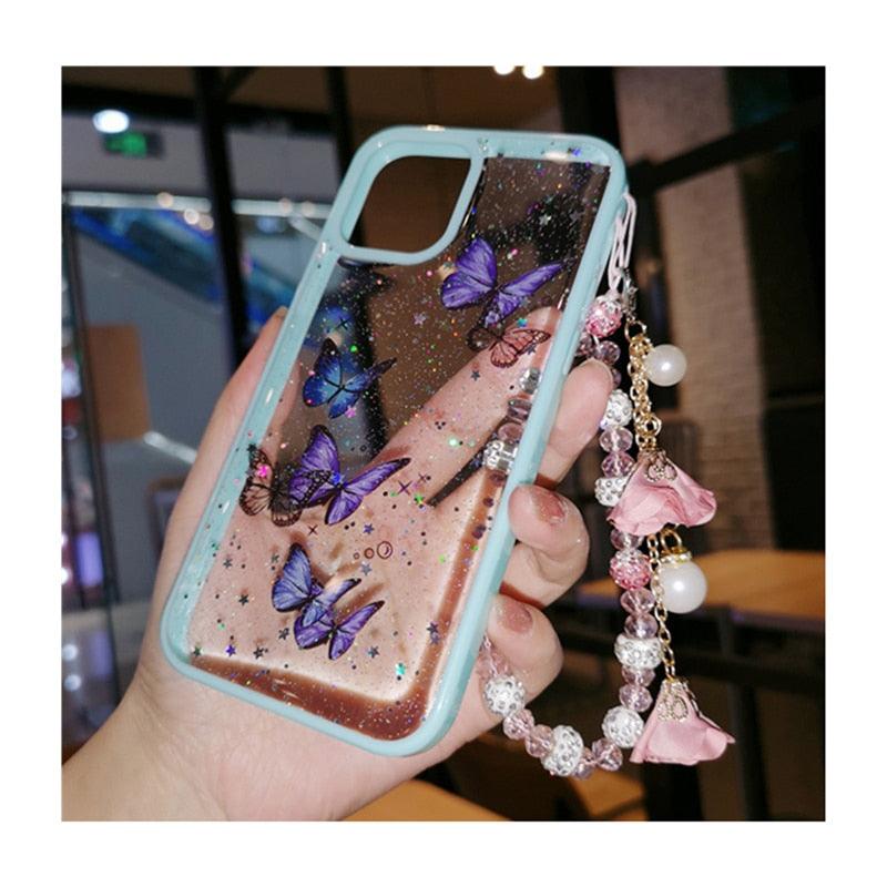 Butterfly Phone Case for iPhone 14 Pro Max 13 12 11 XS XR X 7 8 plus Glitter Clear Covers Bracelet With Lady Pendant Non Moving Dry Fixed Glitter Luxury Shiny Butterfly Wrist Bracelet Chain Soft Silicone Case For Smartphone