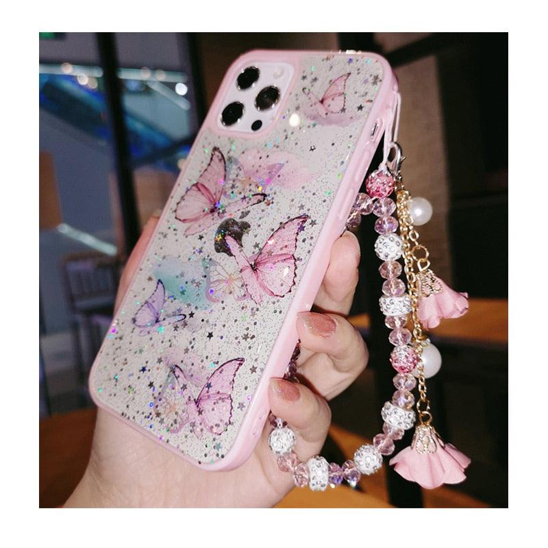 Butterfly Phone Case for iPhone 14 Pro Max 13 12 11 XS XR X 7 8 plus Glitter Clear Covers Bracelet With Lady Pendant Non Moving Dry Fixed Glitter Luxury Shiny Butterfly Wrist Bracelet Chain Soft Silicone Case For Smartphone