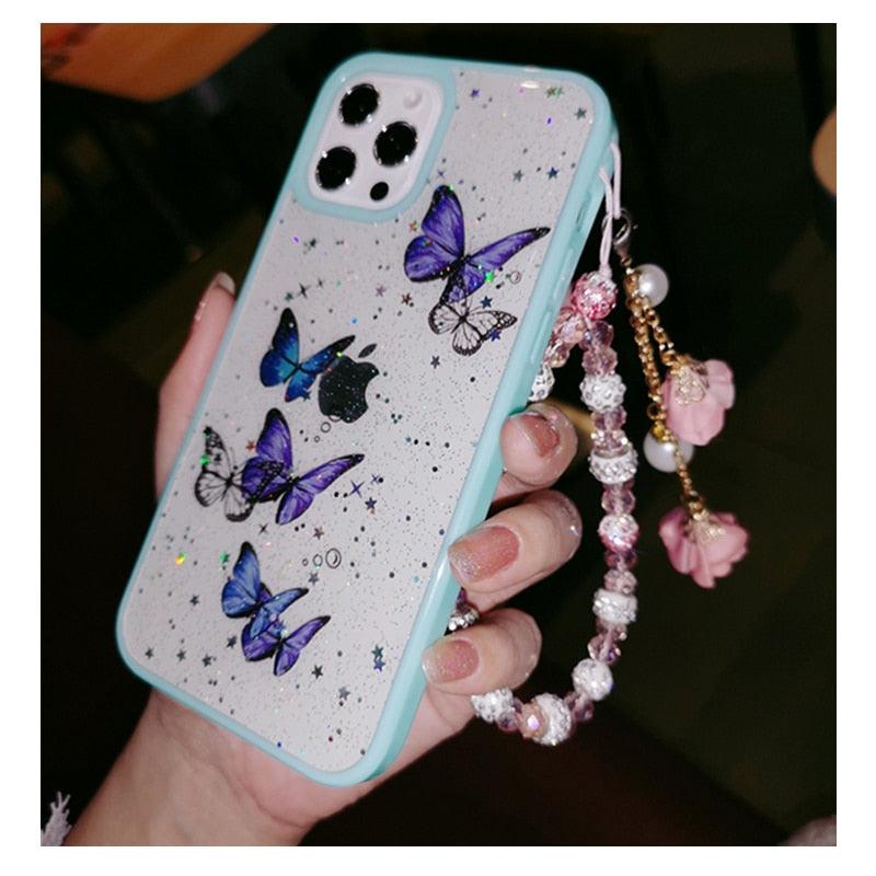 Butterfly Phone Case for iPhone 14 Pro Max 13 12 11 XS XR X 7 8 plus Glitter Clear Covers Bracelet With Lady Pendant Non Moving Dry Fixed Glitter Luxury Shiny Butterfly Wrist Bracelet Chain Soft Silicone Case For Smartphone