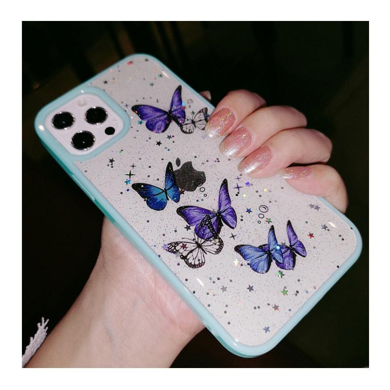 Butterfly Phone Case for iPhone 14 Pro Max 13 12 11 XS XR X 7 8 plus Glitter Clear Covers Bracelet With Lady Pendant Non Moving Dry Fixed Glitter Luxury Shiny Butterfly Wrist Bracelet Chain Soft Silicone Case For Smartphone