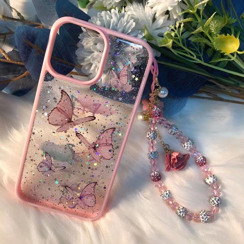 Butterfly Phone Case for iPhone 14 Pro Max 13 12 11 XS XR X 7 8 plus Glitter Clear Covers Bracelet With Lady Pendant Non Moving Dry Fixed Glitter Luxury Shiny Butterfly Wrist Bracelet Chain Soft Silicone Case For Smartphone