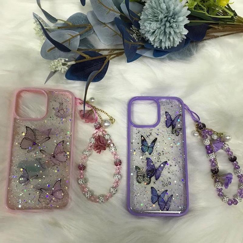 Butterfly Phone Case for iPhone 14 Pro Max 13 12 11 XS XR X 7 8 plus Glitter Clear Covers Bracelet With Lady Pendant Non Moving Dry Fixed Glitter Luxury Shiny Butterfly Wrist Bracelet Chain Soft Silicone Case For Smartphone