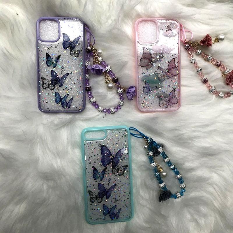 Butterfly Phone Case for iPhone 14 Pro Max 13 12 11 XS XR X 7 8 plus Glitter Clear Covers Bracelet With Lady Pendant Non Moving Dry Fixed Glitter Luxury Shiny Butterfly Wrist Bracelet Chain Soft Silicone Case For Smartphone