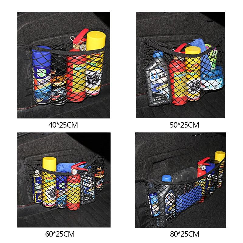 Car Back Rear Trunk Organizer Net Mesh Seat Elastic String Magic Sticker Universal Storage Bag Pocket Adjustable Elastic Trunk Cargo Organizer Nylon Mesh Rear Car Net Auto Organizer