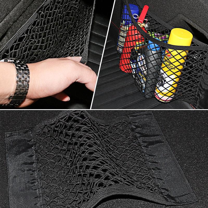 Car Back Rear Trunk Organizer Net Mesh Seat Elastic String Magic Sticker Universal Storage Bag Pocket Adjustable Elastic Trunk Cargo Organizer Nylon Mesh Rear Car Net Auto Organizer