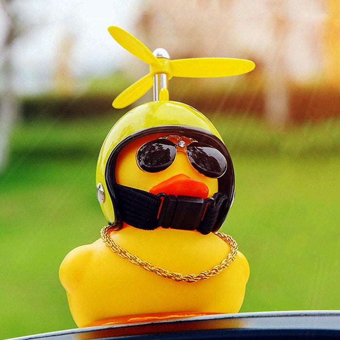 Car Goods Gift Broken Wind Helmet Small Yellow Duck Car Decoration Accessories Wind-breaking Wave-breaking Duck Cycling DecDuck Car Dashboard Decorations Rubber Duck Car Ornaments Cool Duck with Propeller Helmet Sunglasses Gold Chain or