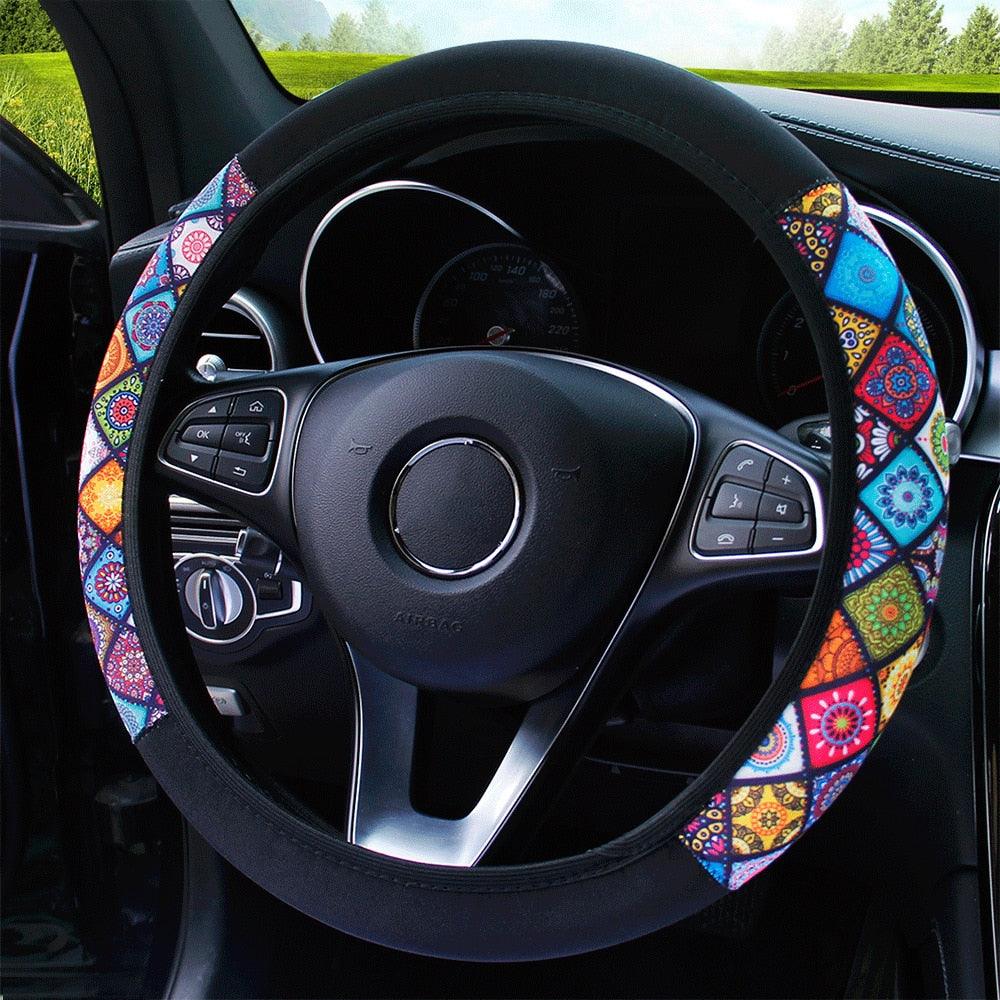 Car Steering Wheel Cover Steering Wheel Cover Cloth Massage Grip Breathable Elastic Car Steering Wheel Cover Ethnic Style Print Anti-slip Car Styling Car Steering-wheel Cover Car Interior Accessories Steering Wheel Covers with Cloth for Women