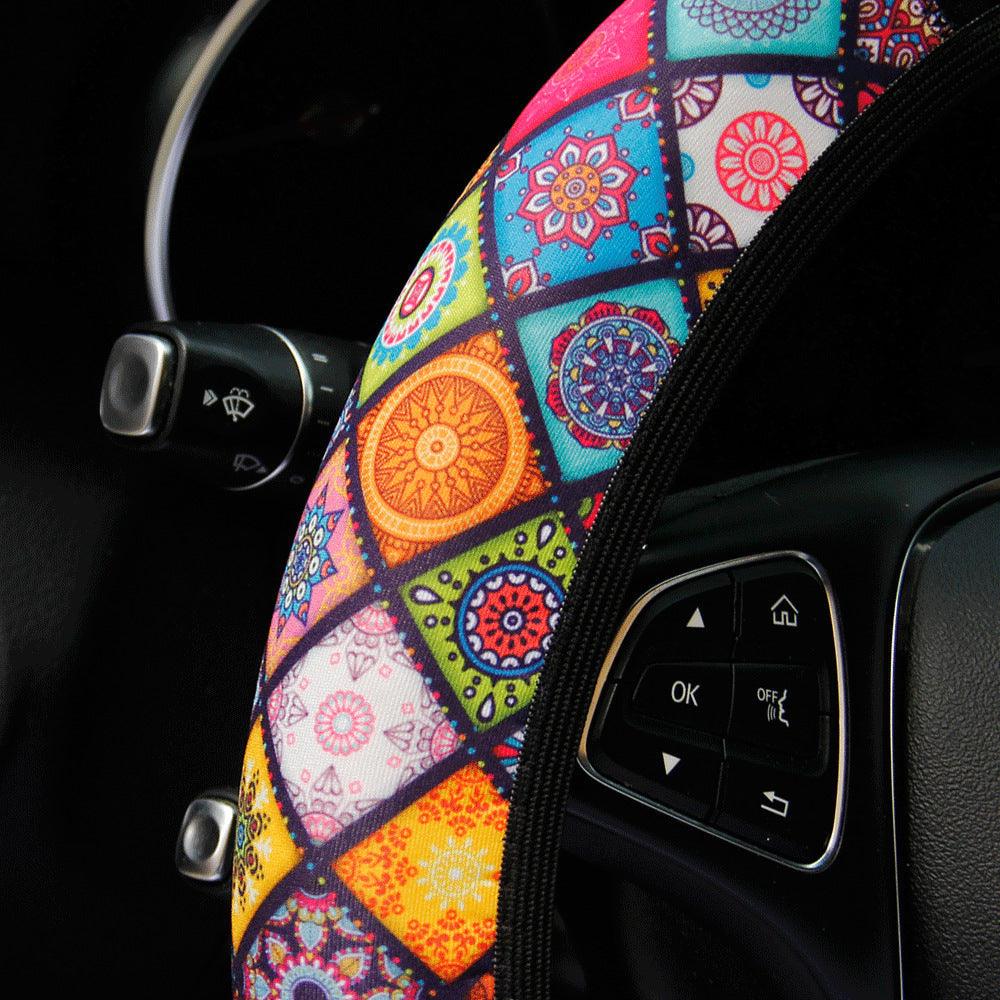 Car Steering Wheel Cover Steering Wheel Cover Cloth Massage Grip Breathable Elastic Car Steering Wheel Cover Ethnic Style Print Anti-slip Car Styling Car Steering-wheel Cover Car Interior Accessories Steering Wheel Covers with Cloth for Women