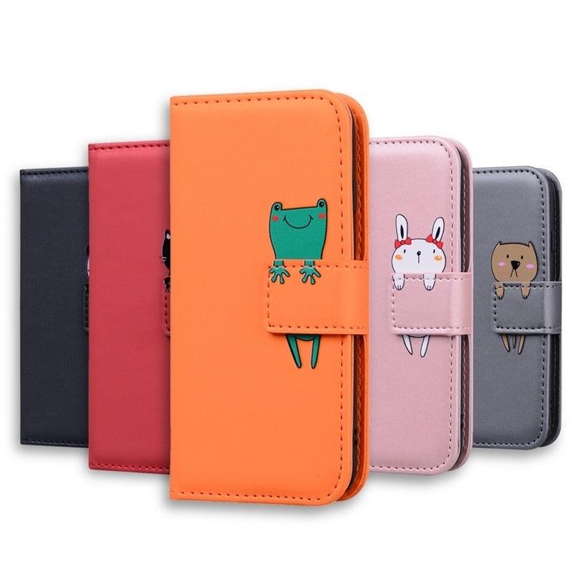 Cartoon Animal Cute Leather Wallet Flip Case Creative Magnetic Protective Cover Lovely Animal Flip Leather Phone Case For iPhone 13 12 11 Pro X XS XR Max Card Holder Funny Phone Cover